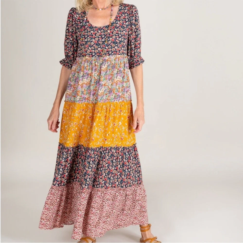 Natural Life Mixed Floral Print Tiered Colette Maxi Dress Blue Red Gold Large - Picture 3 of 11